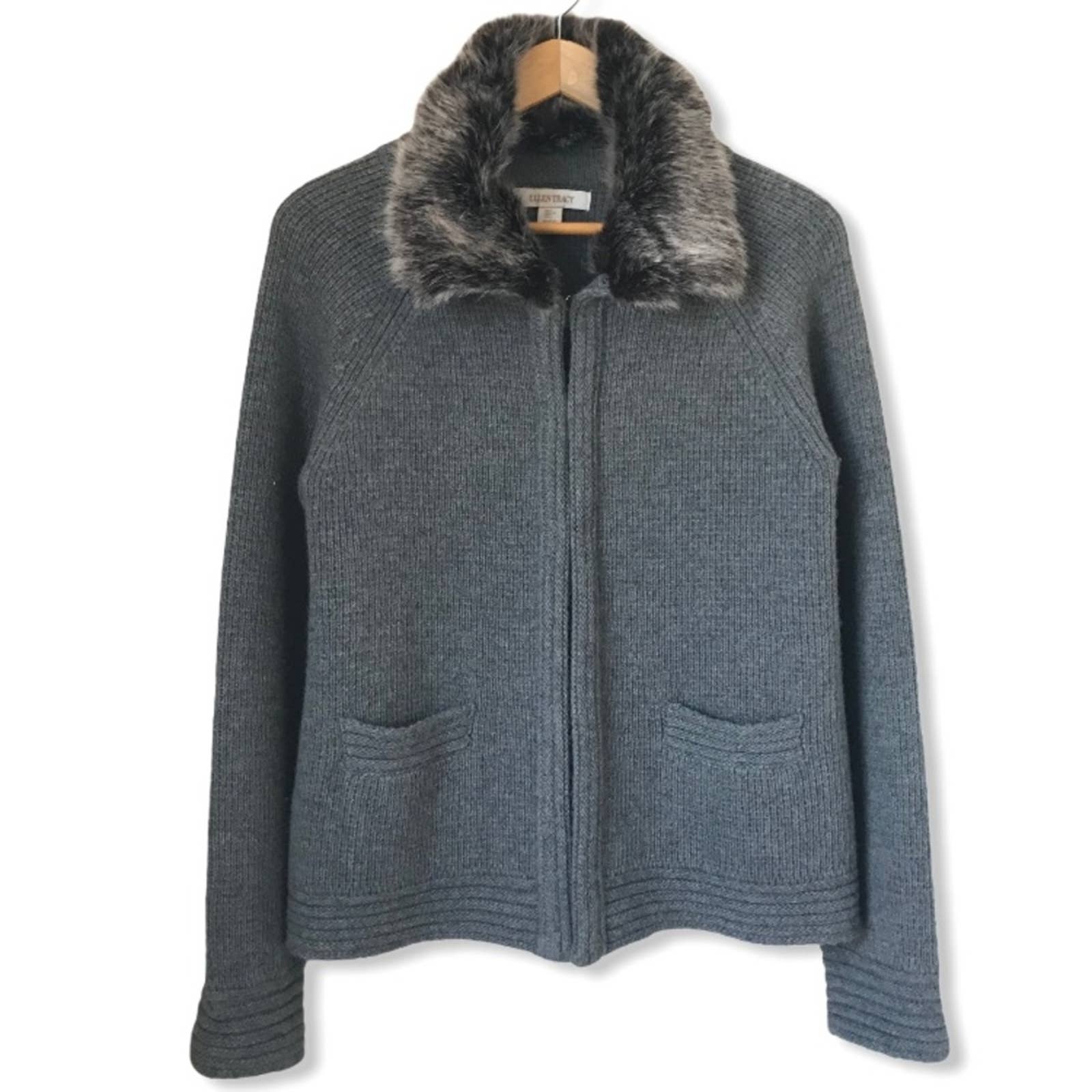 Ellen Tracy Wool Faux Fur Collar Cardigan Sweater